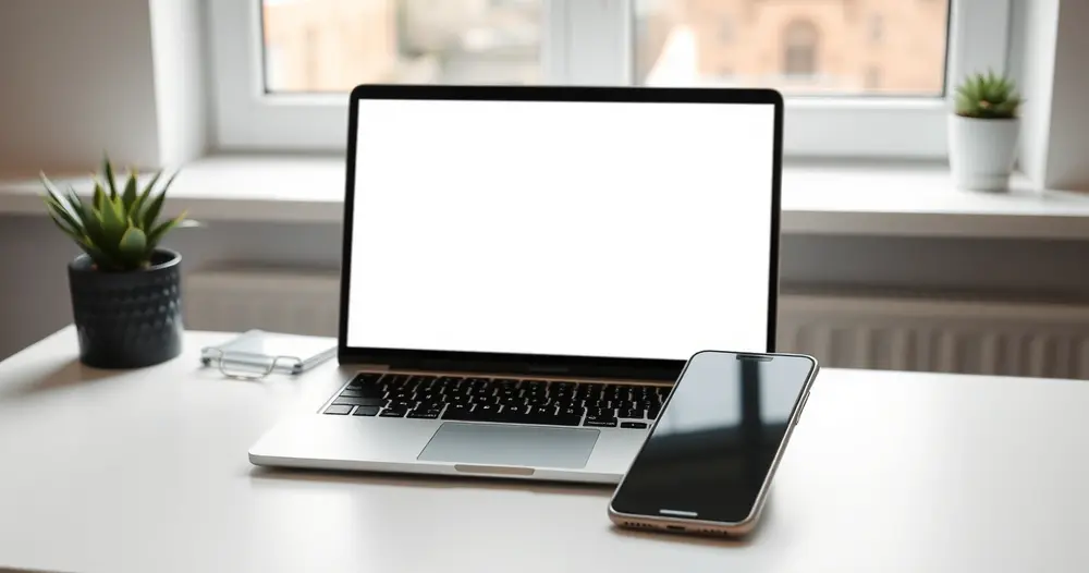 Notebook de tela apagada e celular lado a lado sobre escrivaninha organizada de escritório em casa