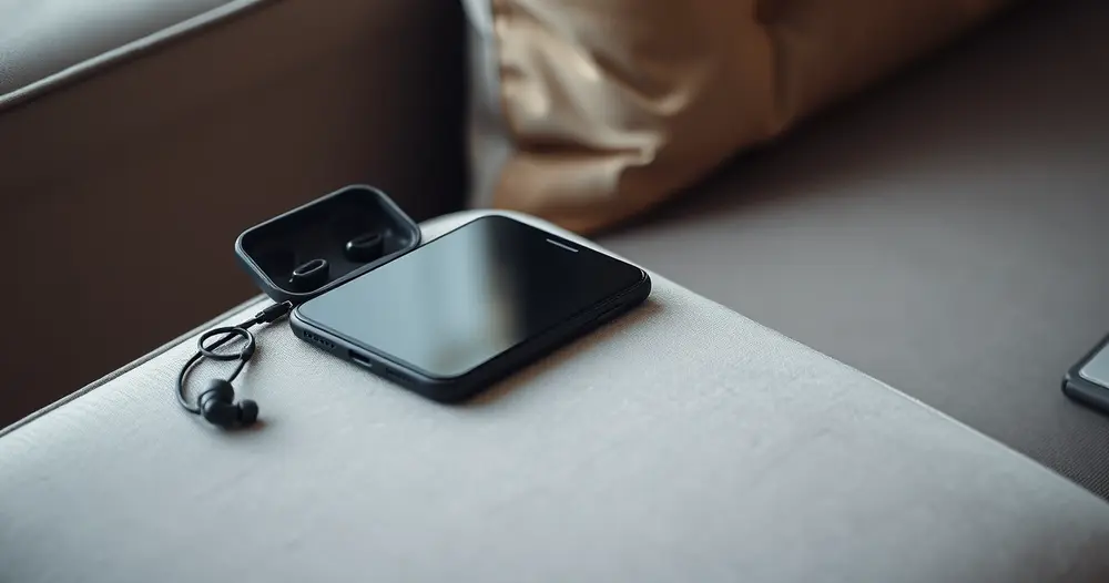 Celular de tela apagada apoiado no braço do sofá ao lado de fones sem fio no estojo